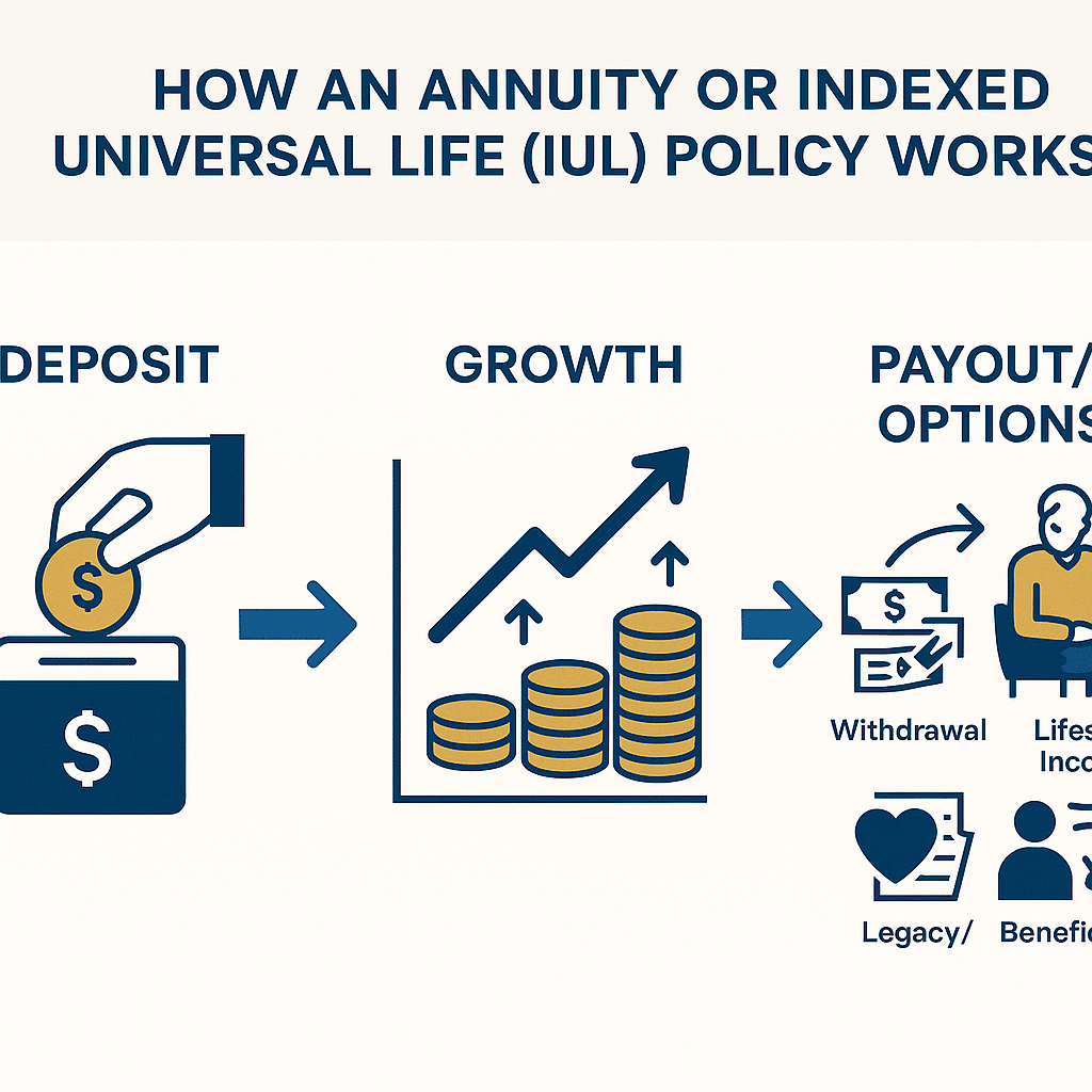 Annuity and IUL investment flow diagram showing deposit, growth, and payout phases with tax advantages and financial security benefits