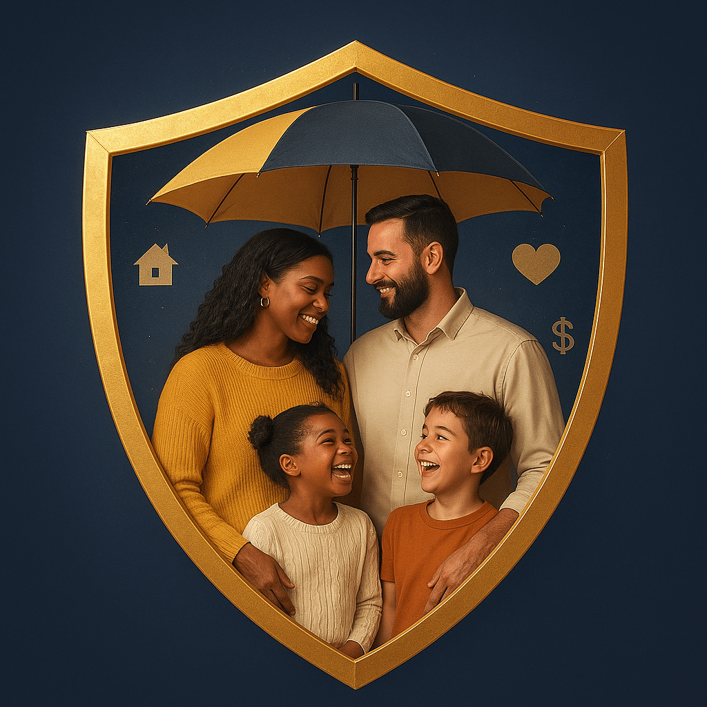Family protected by term life insurance: parents and children standing together under a protective shield, symbolizing financial security and peace of mind provided by term coverage