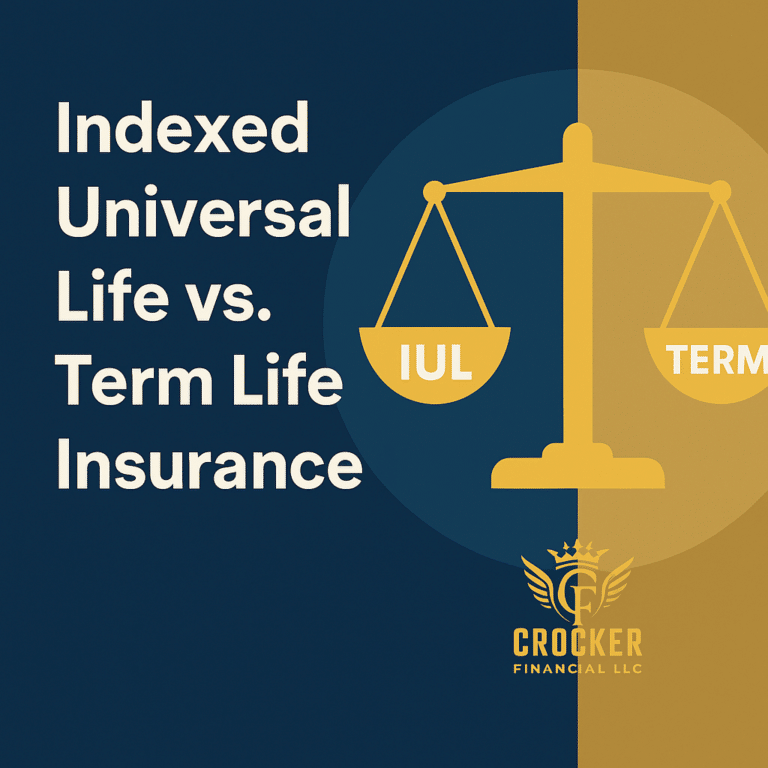 Get Insured: Top No-Exam Life Insurance Options 13 A split graphic comparing Indexed Universal Life (IUL) Insurance and Term Life Insurance, with a balance scale and Crocker Financial LLC logo.