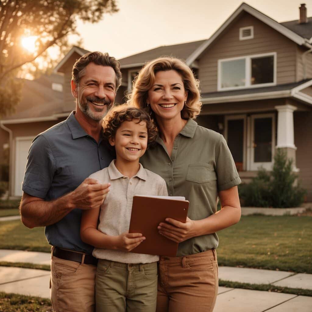 Family of three smiling warmly in front of their home, child holding a clipboard.