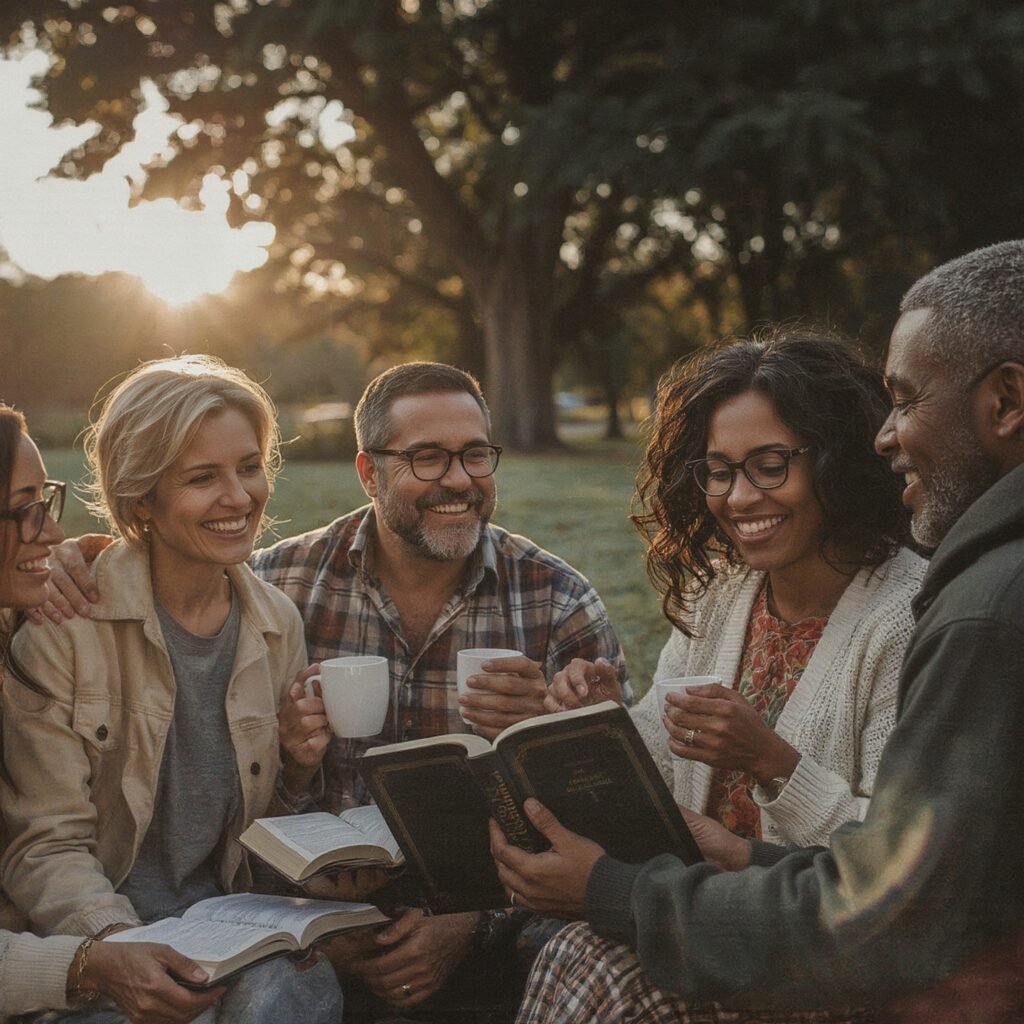 Faithful Stewardship: Building Generational Wealth with Purpose in Ohio 1 A group of five diverse Christian adults sitting outdoors under trees, smiling and studying together with open Bibles and books, symbolizing unity and faithful financial stewardship across generations