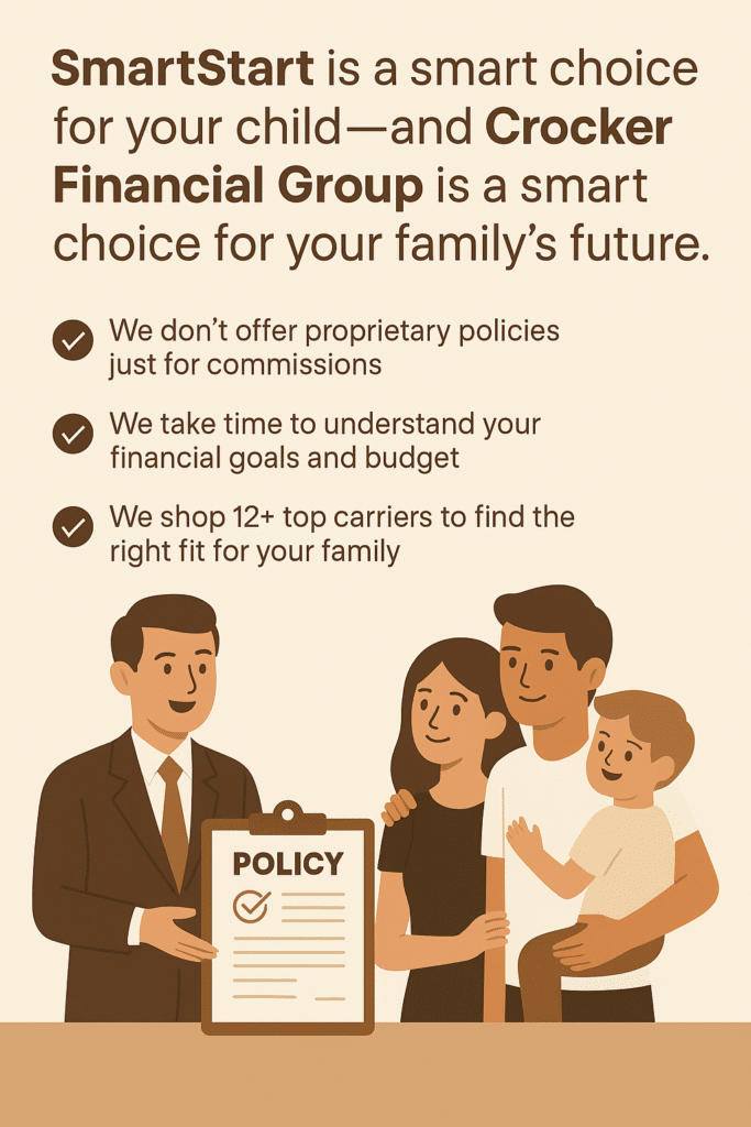 SmartStart 4 Infographic showing how SmartStart Insurance and Crocker Financial Group help families with custom life insurance solutions, financial guidance, and future planning for children.