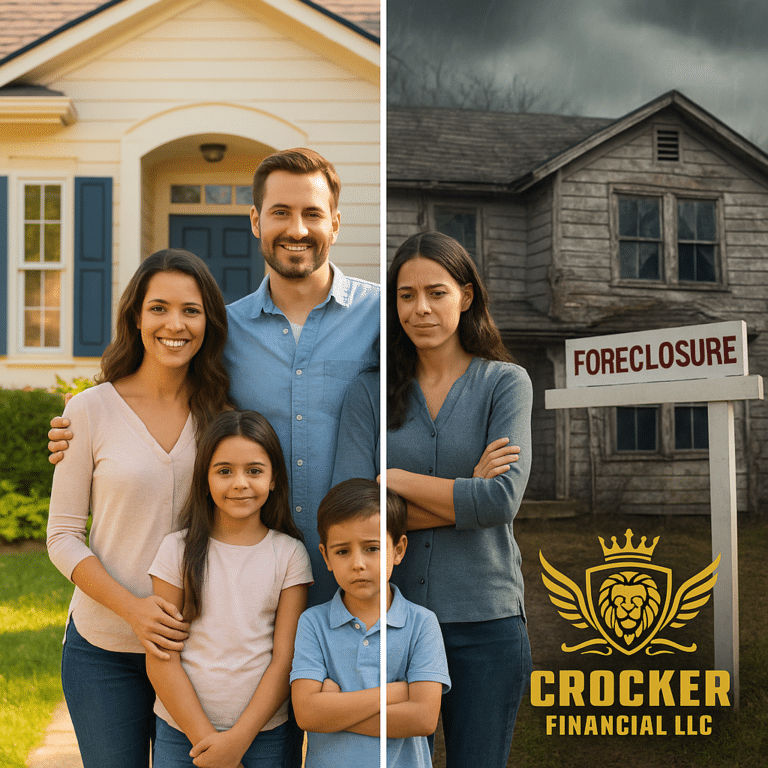 Get Insured: Top No-Exam Life Insurance Options 11 Split image of a happy, secure family standing in front of their well-kept home on one side, and a worried family facing foreclosure on the other, with the Crocker Financial LLC logo.