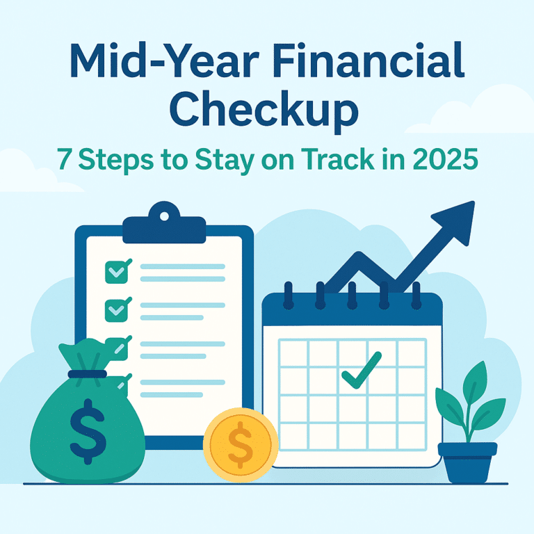 Get Insured: Top No-Exam Life Insurance Options 14 Illustration showing a checklist, calendar, money bag, coin, and upward arrow, representing steps for a mid-year financial checkup in 2025.