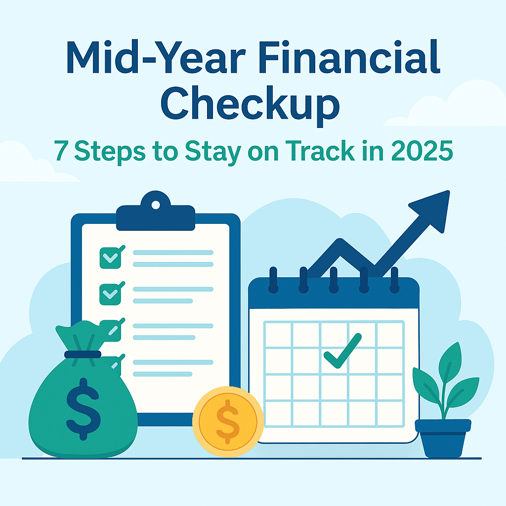 Illustration showing a checklist, calendar, money bag, coin, and upward arrow, representing steps for a mid-year financial checkup in 2025.