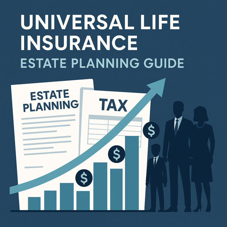 Get Insured: Top No-Exam Life Insurance Options 12 Illustration of estate-planning documents labeled “Estate Planning” and “Tax” behind a rising bar chart and arrow with dollar signs, alongside a silhouetted high-net-worth family.
