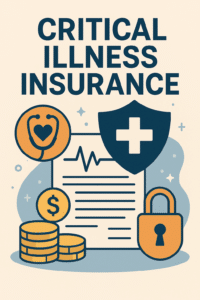 Flat-style illustration of a medical document with heartbeat line behind a stethoscope heart icon, a shield with cross, stacked coins, and a padlock, under the text “Critical Illness Insurance.