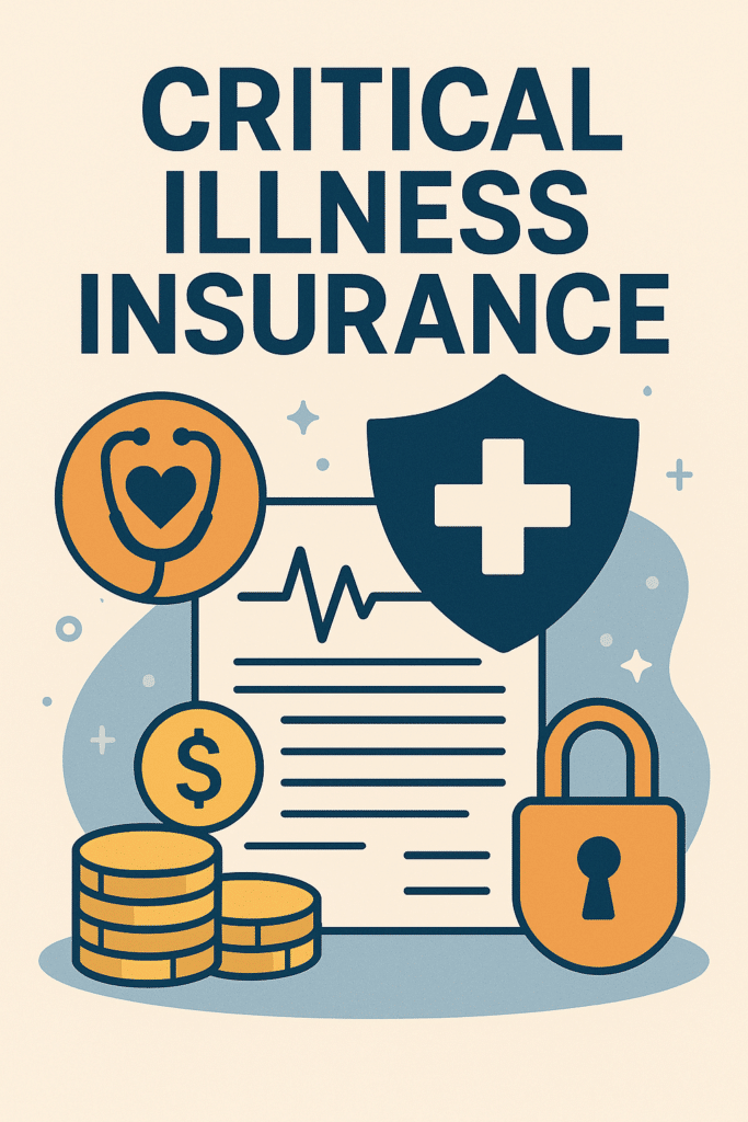 Flat-style illustration of a medical document with heartbeat line behind a stethoscope heart icon, a shield with cross, stacked coins, and a padlock, under the text “Critical Illness Insurance.