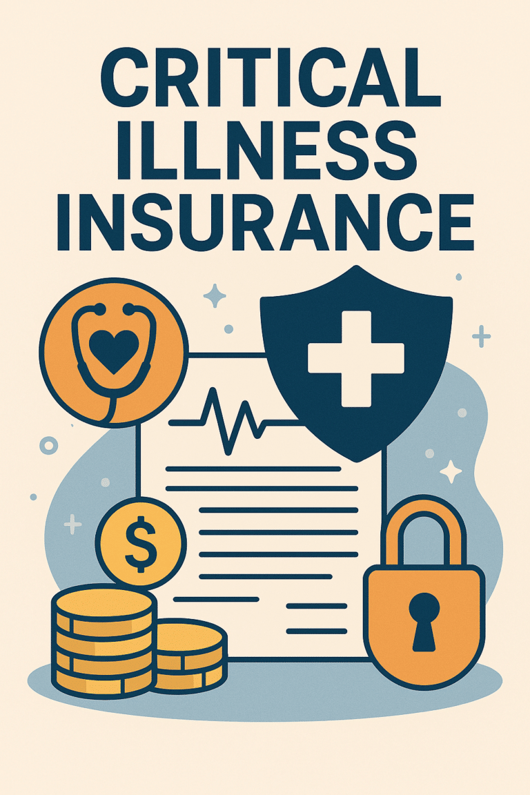 Get Insured: Top No-Exam Life Insurance Options 11 Flat-style illustration of a medical document with heartbeat line behind a stethoscope heart icon, a shield with cross, stacked coins, and a padlock, under the text “Critical Illness Insurance.