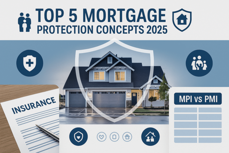 Get Insured: Top No-Exam Life Insurance Options 10 Professional mortgage protection insurance guide showing house with protective shield, MPI vs PMI comparison chart, and family security icons for 2025 homebuyers