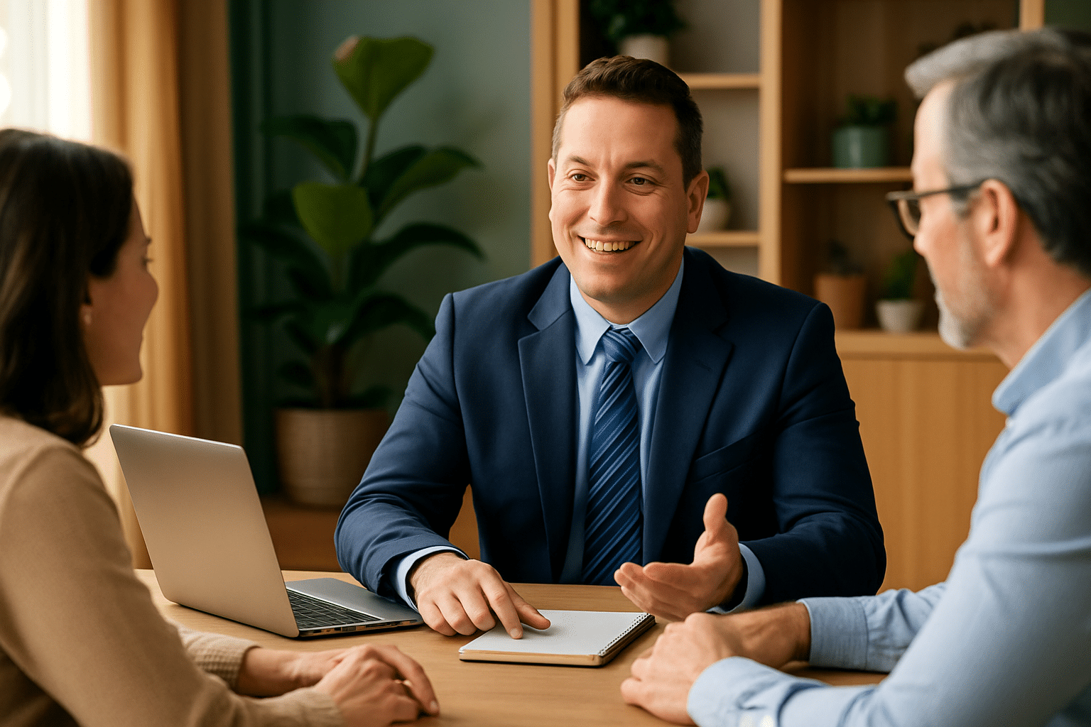 Crocker, financial advisor, meeting with a couple in a bright office with laptop, phone, and notepad on the desk, symbolizing trust and communication.