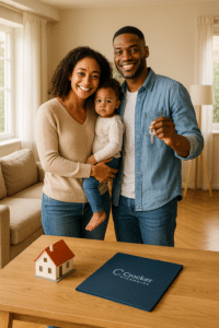 Diverse young family with child standing in their new home, holding house keys, with a model house and Crocker Financial folder on the table.