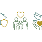 The Beginner’s Guide to Life Insurance for First-Time Homebuyers 1 Flat modern icons of a shield over a house, a family under a heart, and hands holding a dove with a heart, in blue, gold, and green tones.