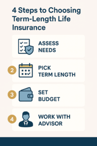 The Beginner’s Guide to Life Insurance for First-Time Homebuyers 2 Infographic showing four steps to choosing term life insurance: assess needs, pick term length, set budget, and work with advisor.