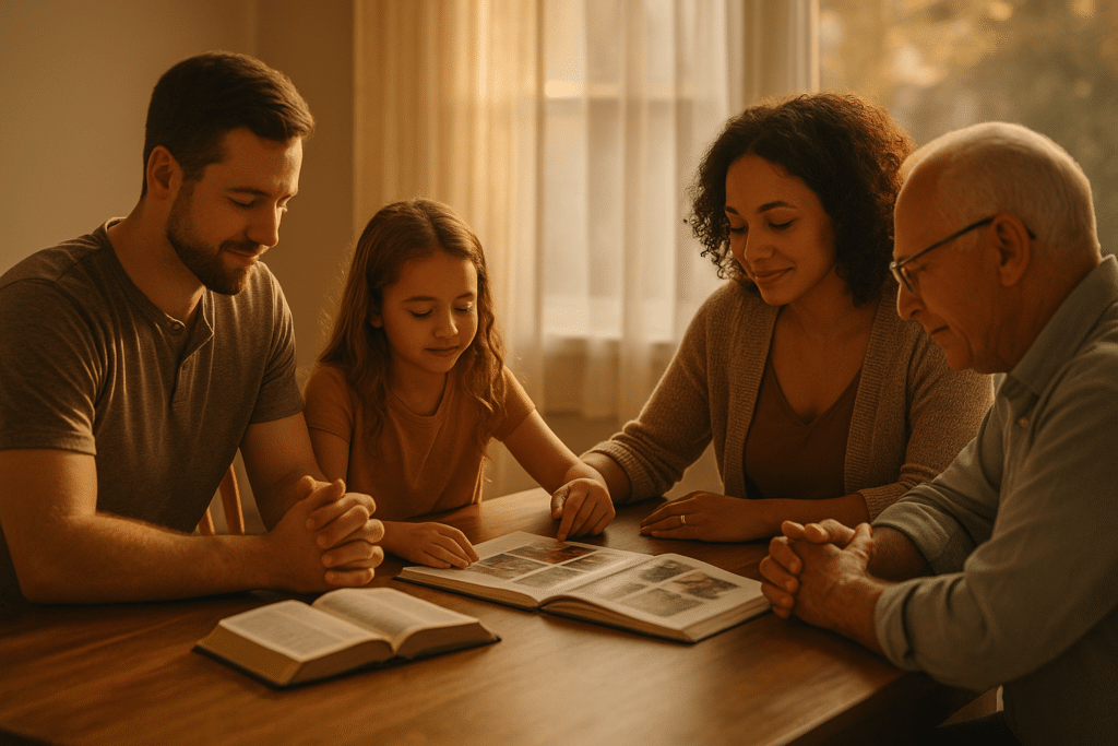 The Beginner’s Guide to Life Insurance for First-Time Homebuyers 3 Multigenerational family gathered around dining table with Bible and photo album during golden hour.
