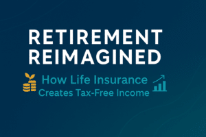 Professional graphic showing 'Retirement Reimagined: How Life Insurance Creates Tax-Free Income' with modern blue and teal design, featuring tax-free retirement income strategy concepts