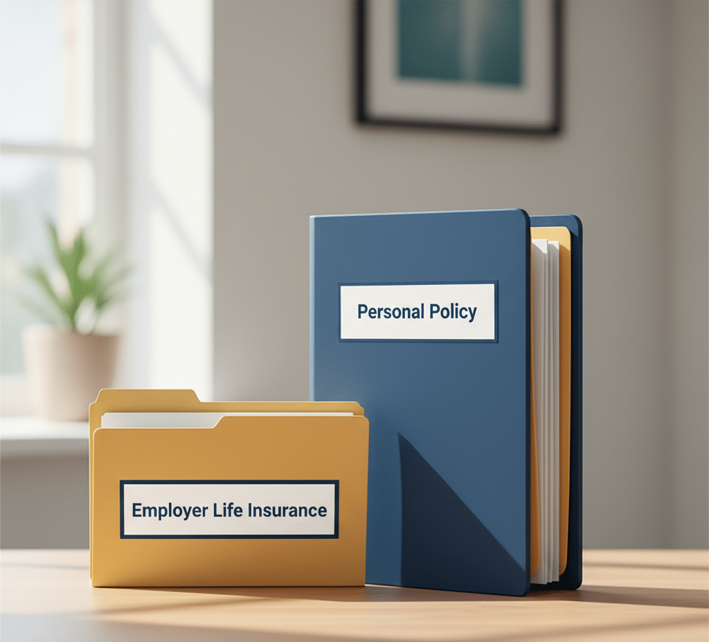 5 Life Insurance Myths Debunked (Don’t Let These Misconceptions Stop You from Securing Your Family) 2 Side-by-side desk folders labeled Employer Life Insurance and Personal Policy, showing the difference in coverage.
