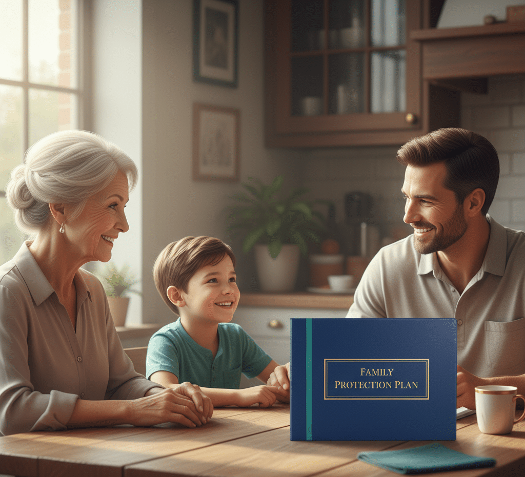 5 Life Insurance Myths Debunked (Don’t Let These Misconceptions Stop You from Securing Your Family) 4 Multigenerational family smiling at a kitchen table beside a blue folder labeled Family Protection Plan.