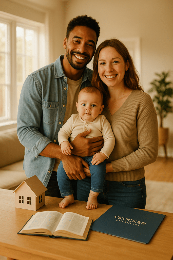 The Beginner’s Guide to Life Insurance for First-Time Homebuyers 4 Multicultural family of three in their living room with a model house, Bible, and Crocker Financial folder on coffee table.