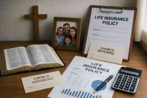 Open Bible with financial documents and tithing envelope illustrating how Christians can balance generous giving with family protection through life insurance