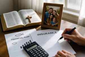 Open Bible with financial documents and family photo, illustrating biblical principles for life insurance and faithful financial stewardship for Christian families