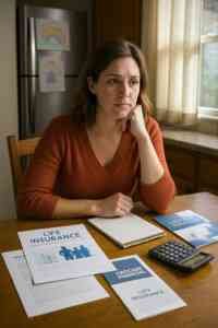 Mother sitting at kitchen table with life insurance brochures and policy illustrations, looking thoughtful and concerned as she assesses financial needs for her family's protection