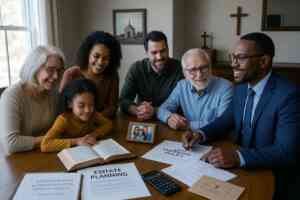 Professional Christian family estate planning scene: Multi-generational family (grandparents, parents, children) gathered around a large wooden dining table with a Christian financial advisor. On the table: open Bible showing Proverbs 13:22, life insurance policy documents, estate planning papers, calculator, and family photos. Warm, natural lighting from a nearby window. Subtle church elements in background. Diverse, professional representation. Focus on intergenerational blessing and stewardship. Warm color palette with earth tones and soft lighting. Business photography style