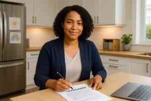 Professional reviewing disability insurance documents in a modern office setting.