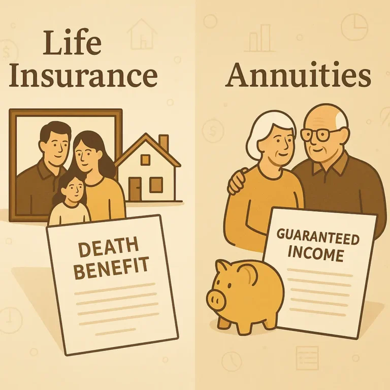 Get Insured: Top No-Exam Life Insurance Options 14 Split screen visual comparing life insurance with a death benefit document and a family, versus annuities showing a retired couple receiving income.
