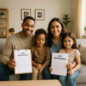 Mature couple reviewing final expense insurance documents at their dining table.