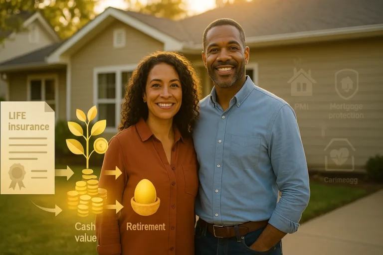 Get Insured: Top No-Exam Life Insurance Options 13 Homeowner couple at sunset with a subtle overlay showing a life insurance policy growing cash value and funding retirement, with faint icons distinguishing PMI, homeowners insurance, and mortgage protection.