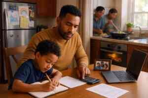 Stay-at-home parent working at kitchen table with laptop and calculator while children play nearby, representing the valuable contributions and financial protection needs of non-working spouses in family households