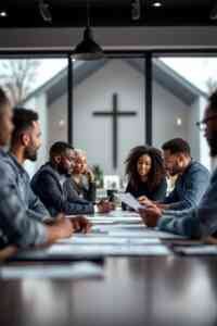 Church leadership board reviewing a key person life insurance policy for their pastor to ensure ministry continuity and family protection